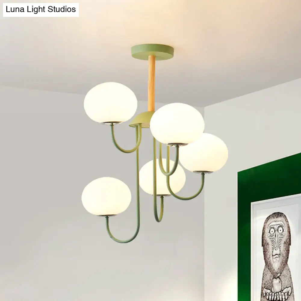 Lámpara de techo estilo nórdico gris/verde con pantalla de cristal blanco en forma de cúpula - 3/5 luces, ideal para salón.