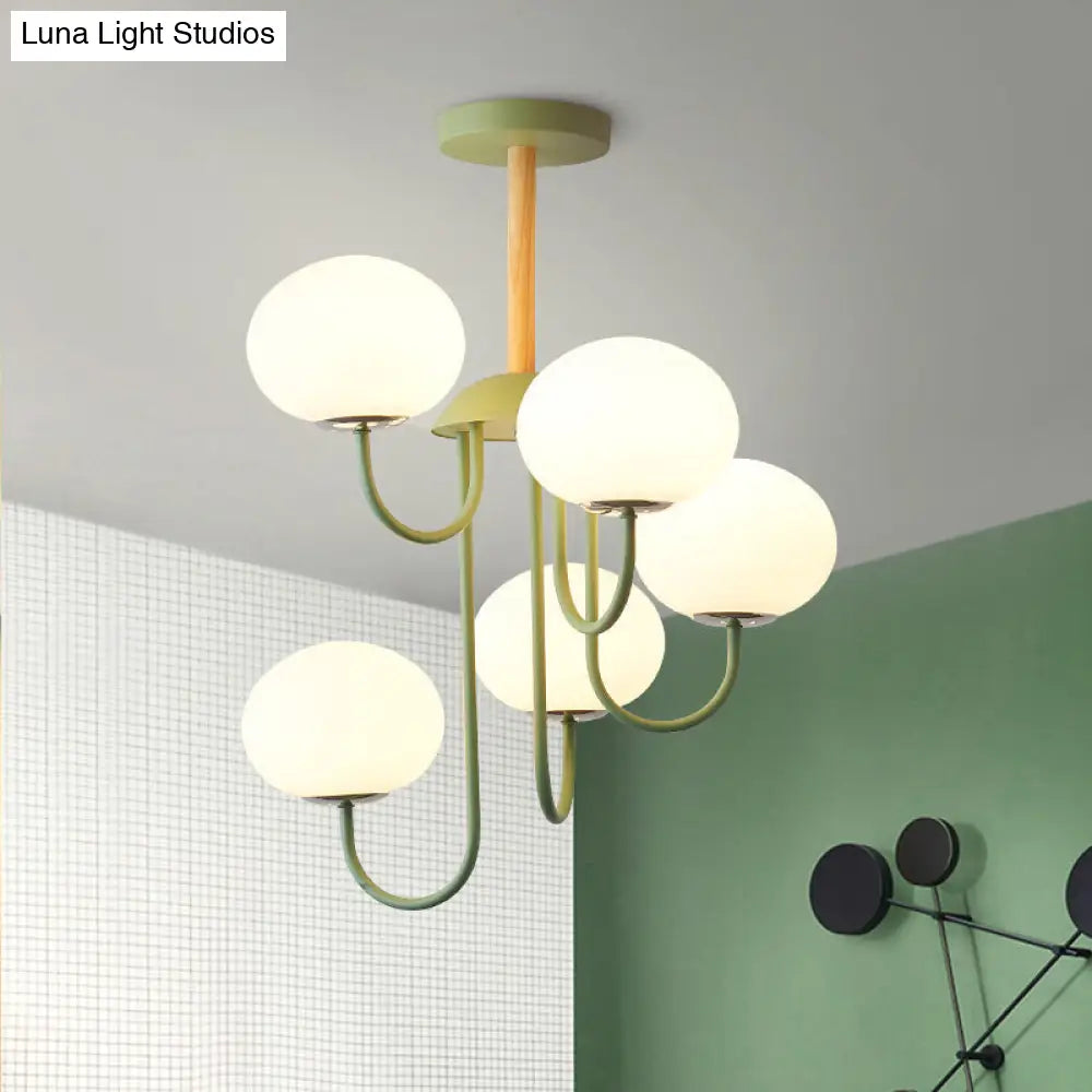 Lámpara de techo estilo nórdico gris/verde con pantalla de cristal blanco en forma de cúpula - 3/5 luces, ideal para salón.