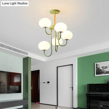 Lámpara de techo estilo nórdico gris/verde con pantalla de cristal blanco en forma de cúpula - 3/5 luces, ideal para salón.