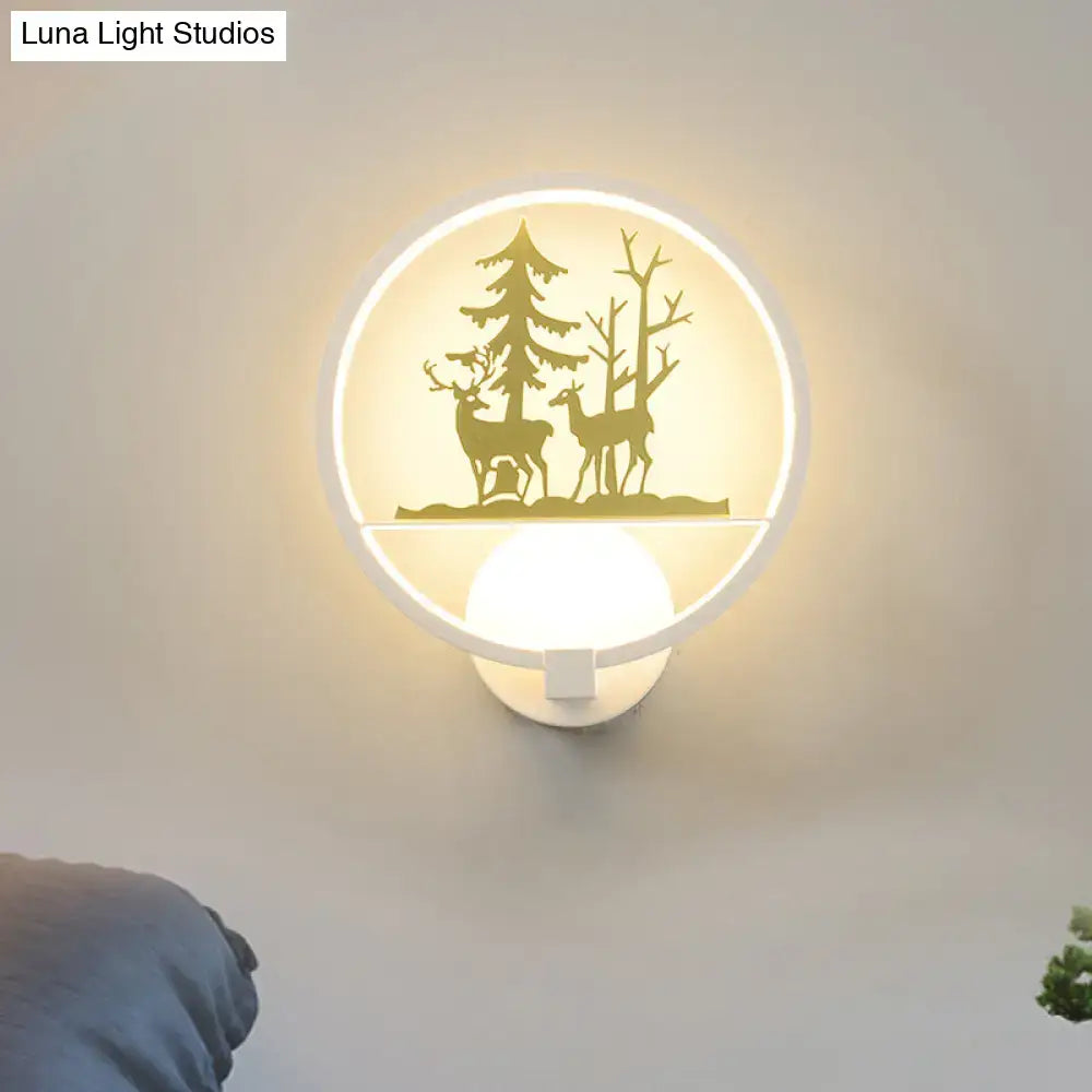 Nordic style led circular wall light with white frame and gold elk silhouette for bedroom decor