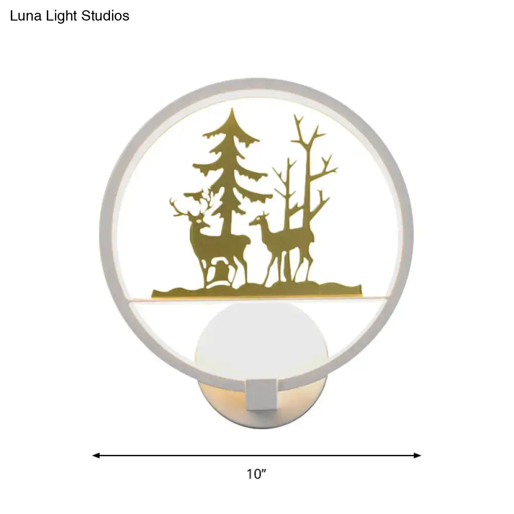 Nordic style led wall light with gold-toned elk silhouette and white circular frame for bedroom decor