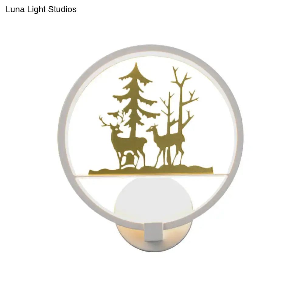 Nordic style led white and gold elk wall light with circular frame and deer tree silhouette for bedroom decor