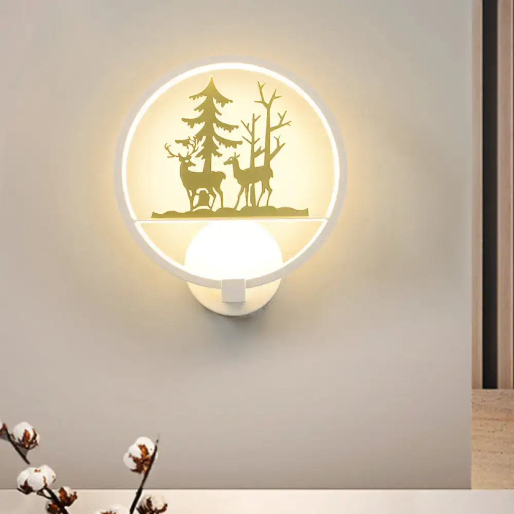 Nordic style led circular wall light with white frame and gold elk silhouette for bedroom decor