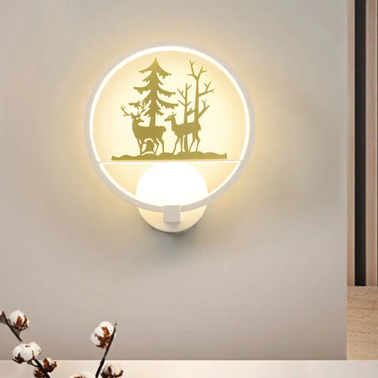 Nordic style led circular wall light with white frame and gold elk silhouette for bedroom decor