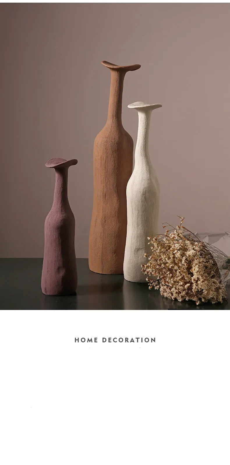 Three slender nordic style modern vases in terracotta beige and muted purple for living room decoration