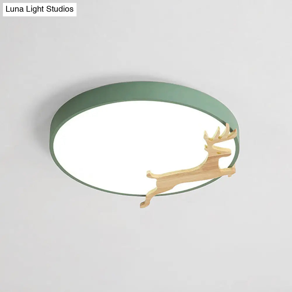 DecorBites™ DecorBites™ Nordic Style Round Flush Light with Running Deer Pattern - Acrylic, Grey/White/Green & Wood LED Ceiling Lamp