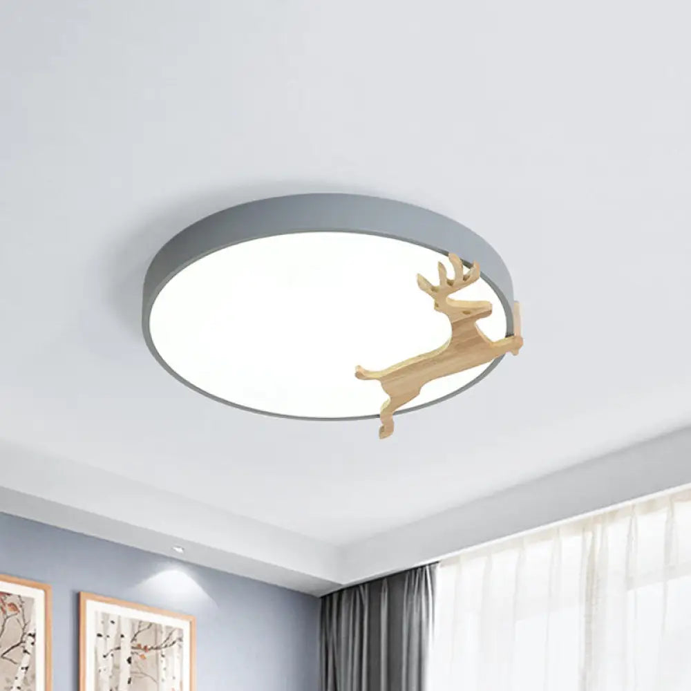 DecorBites™ DecorBites™ Nordic Style Round Flush Light with Running Deer Pattern - Acrylic, Grey/White/Green & Wood LED Ceiling Lamp