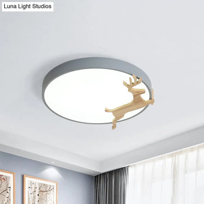 DecorBites™ DecorBites™ Nordic Style Round Flush Light with Running Deer Pattern - Acrylic, Grey/White/Green & Wood LED Ceiling Lamp