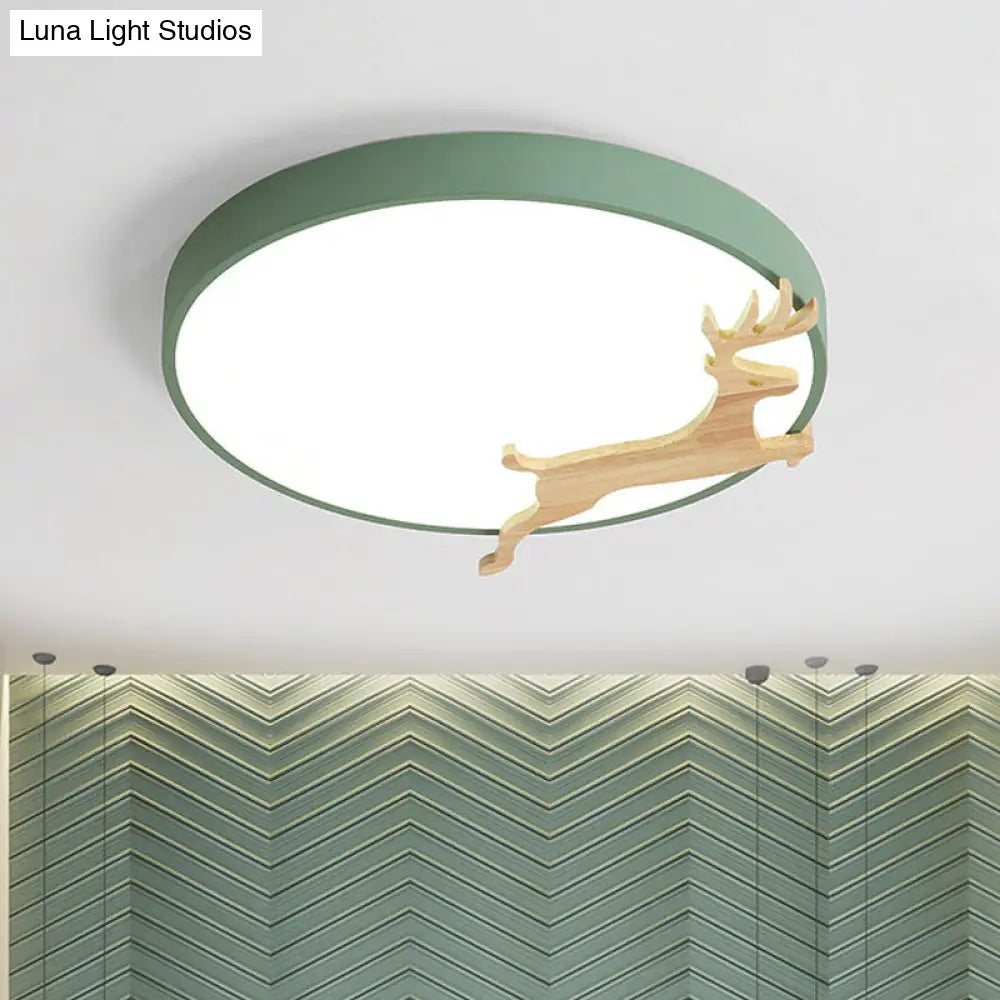 DecorBites™ DecorBites™ Nordic Style Round Flush Light with Running Deer Pattern - Acrylic, Grey/White/Green & Wood LED Ceiling Lamp