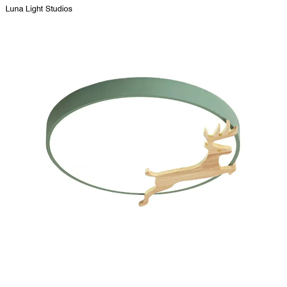 DecorBites™ DecorBites™ Nordic Style Round Flush Light with Running Deer Pattern - Acrylic, Grey/White/Green & Wood LED Ceiling Lamp