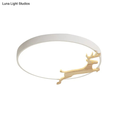 DecorBites™ DecorBites™ Nordic Style Round Flush Light with Running Deer Pattern - Acrylic, Grey/White/Green & Wood LED Ceiling Lamp