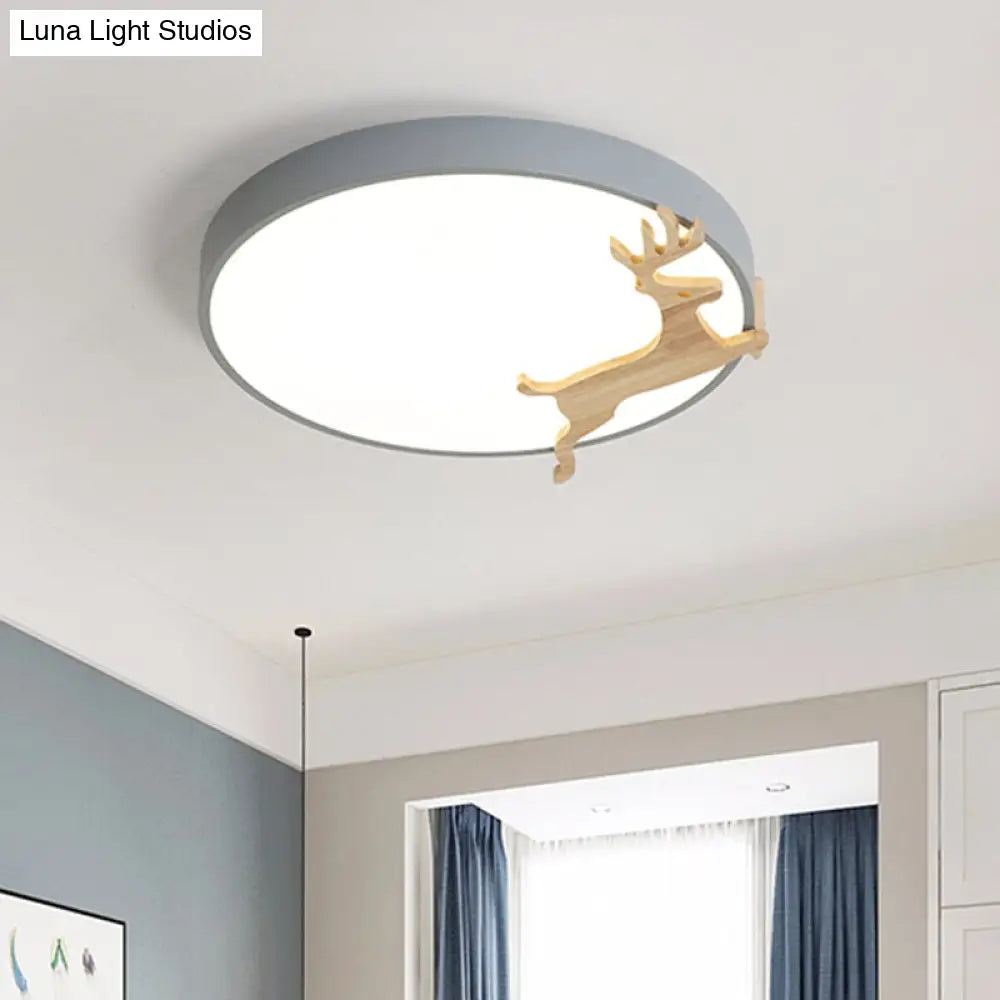 DecorBites™ DecorBites™ Nordic Style Round Flush Light with Running Deer Pattern - Acrylic, Grey/White/Green & Wood LED Ceiling Lamp