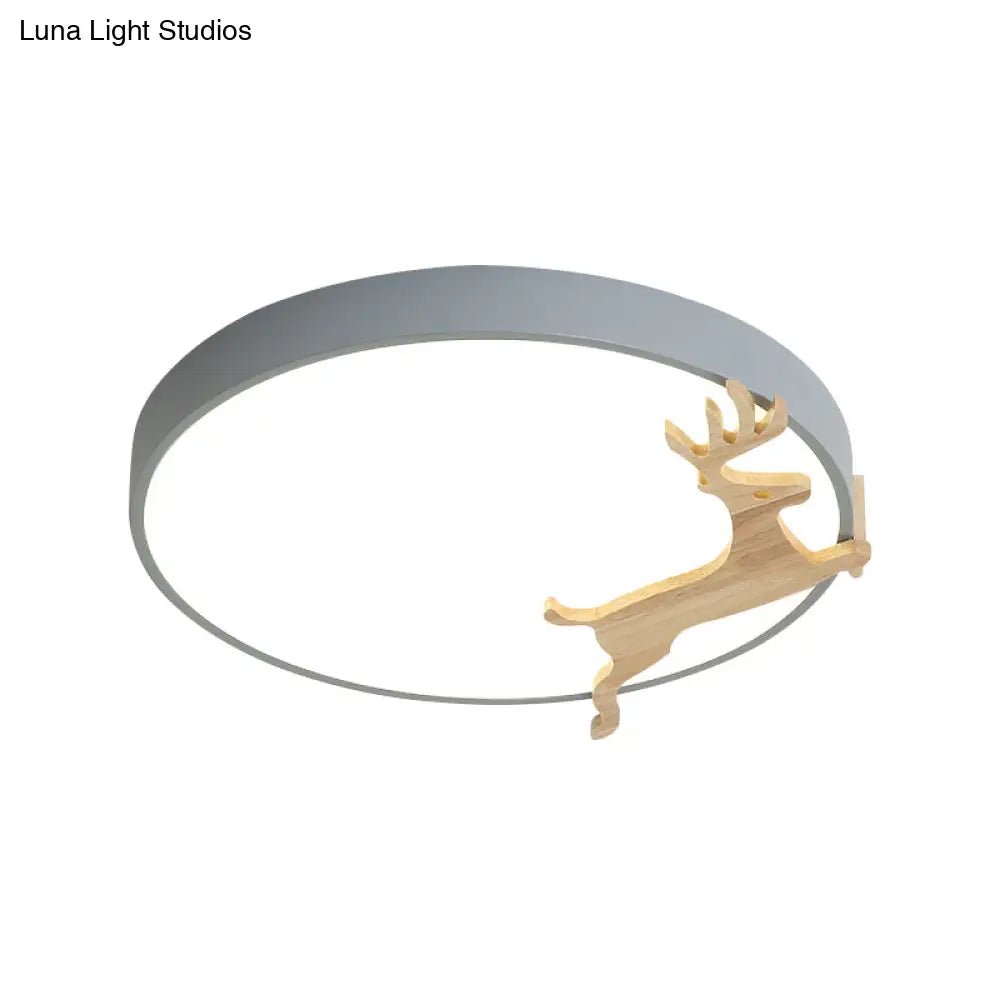 DecorBites™ DecorBites™ Nordic Style Round Flush Light with Running Deer Pattern - Acrylic, Grey/White/Green & Wood LED Ceiling Lamp