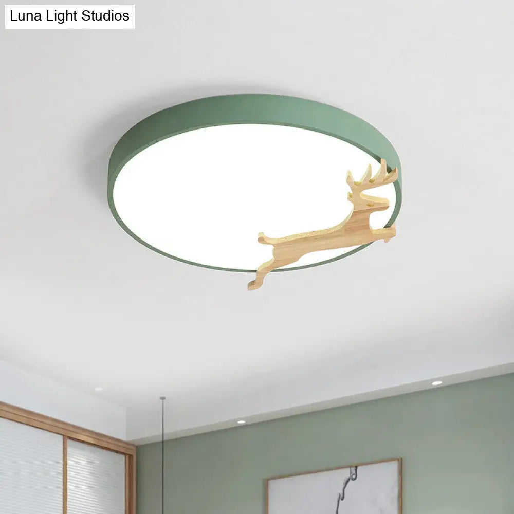 DecorBites™ DecorBites™ Nordic Style Round Flush Light with Running Deer Pattern - Acrylic, Grey/White/Green & Wood LED Ceiling Lamp