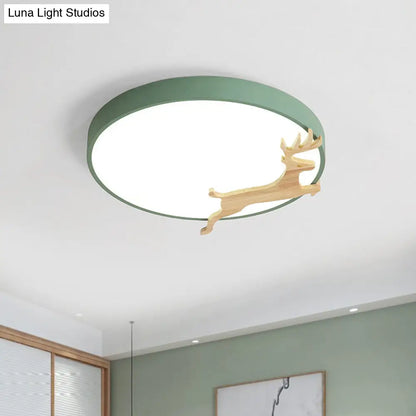 DecorBites™ DecorBites™ Nordic Style Round Flush Light with Running Deer Pattern - Acrylic, Grey/White/Green & Wood LED Ceiling Lamp