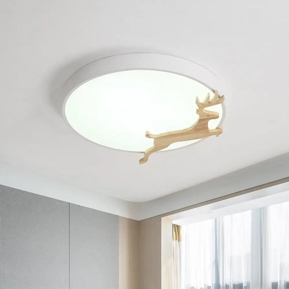 DecorBites™ DecorBites™ Nordic Style Round Flush Light with Running Deer Pattern - Acrylic, Grey/White/Green & Wood LED Ceiling Lamp