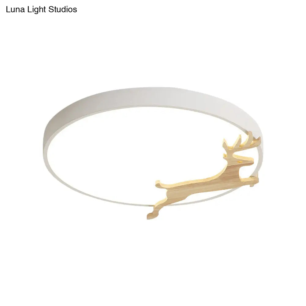 DecorBites™ DecorBites™ Nordic Style Round Flush Light with Running Deer Pattern - Acrylic, Grey/White/Green & Wood LED Ceiling Lamp