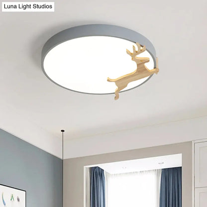 DecorBites™ DecorBites™ Nordic Style Round Flush Light with Running Deer Pattern - Acrylic, Grey/White/Green & Wood LED Ceiling Lamp