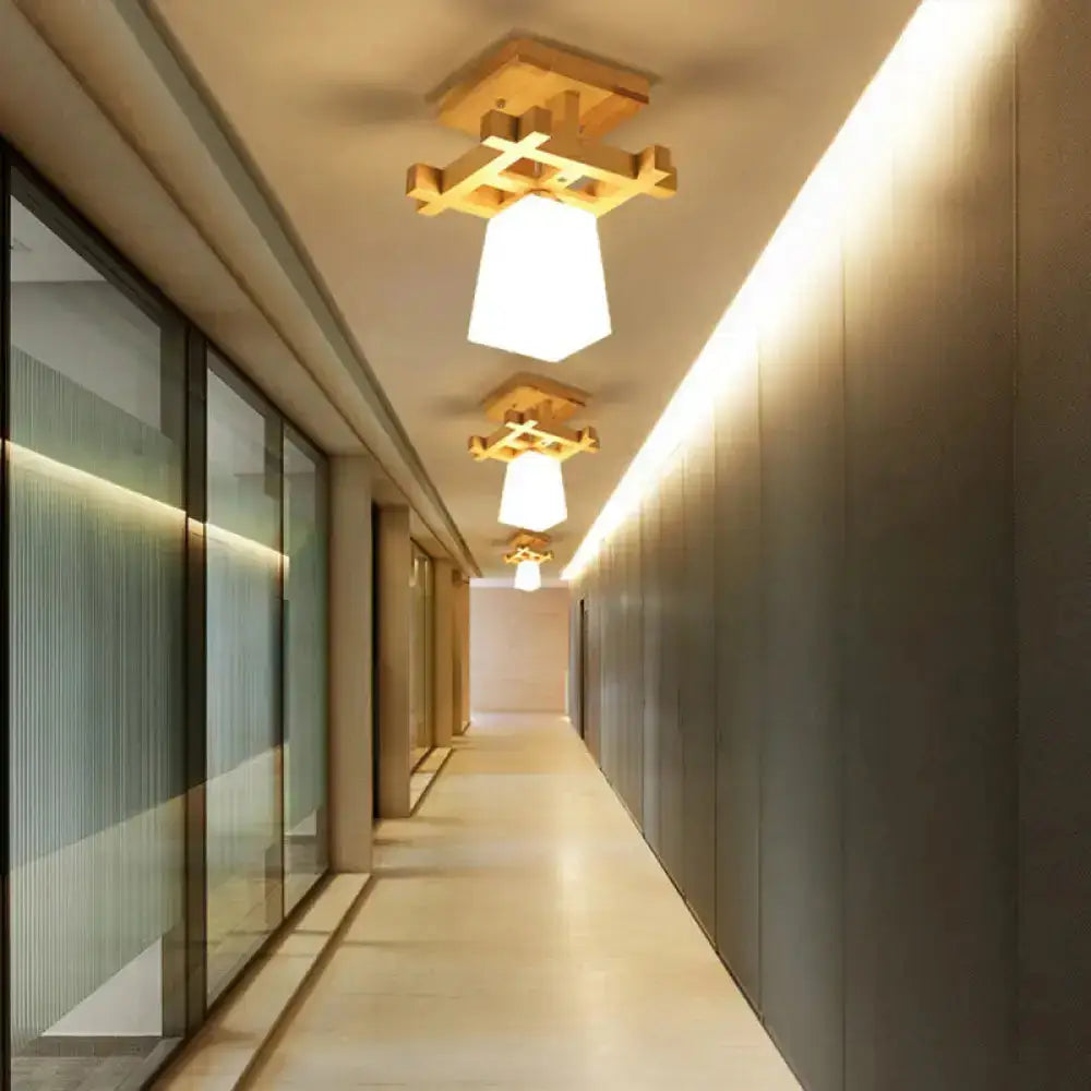 DecorBites™ DecorBites™ Nordic Style Trapezoidal Aisle Ceiling Lamp - Opal Glass 1-Light Semi Flush Mount with Warm/White Light and Wood Top