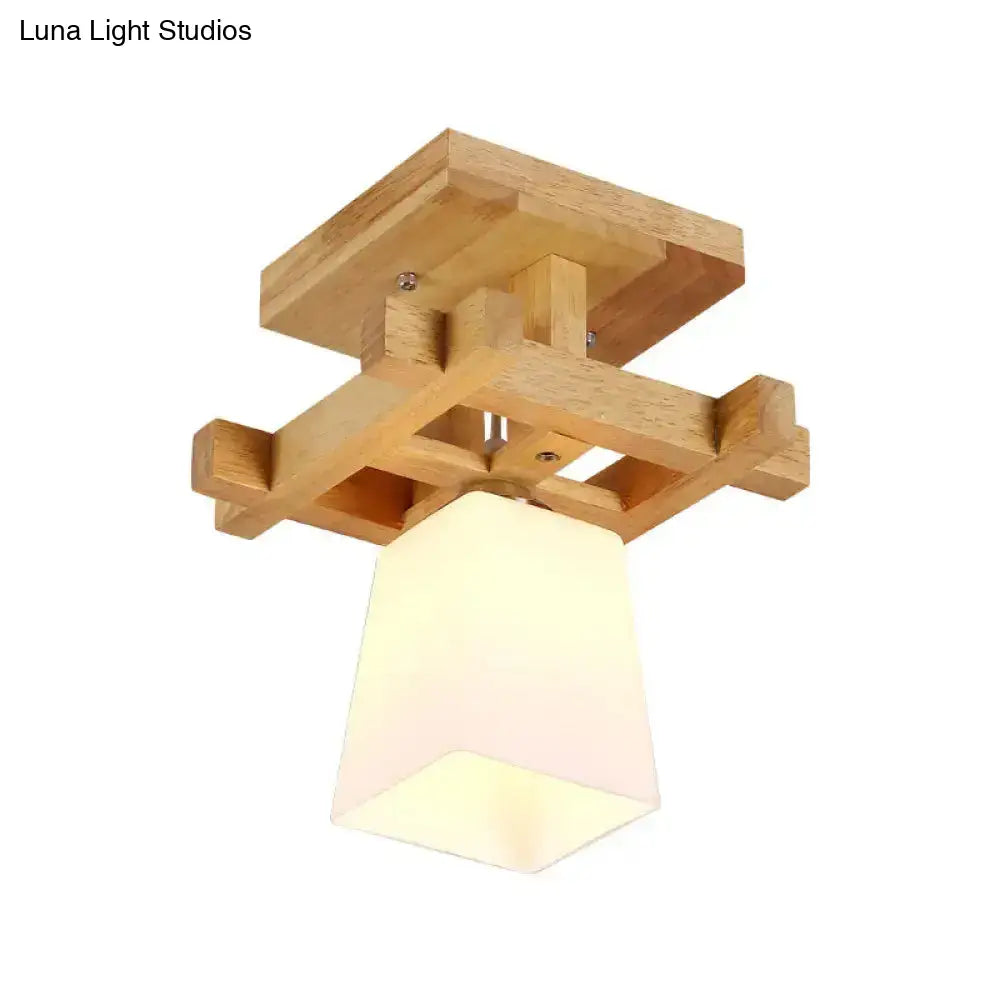 DecorBites™ DecorBites™ Nordic Style Trapezoidal Aisle Ceiling Lamp - Opal Glass 1-Light Semi Flush Mount with Warm/White Light and Wood Top