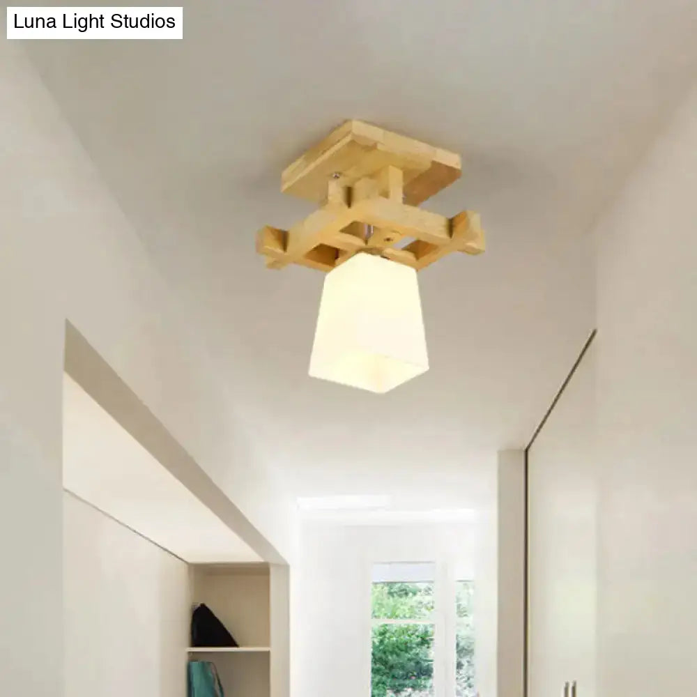 DecorBites™ DecorBites™ Nordic Style Trapezoidal Aisle Ceiling Lamp - Opal Glass 1-Light Semi Flush Mount with Warm/White Light and Wood Top