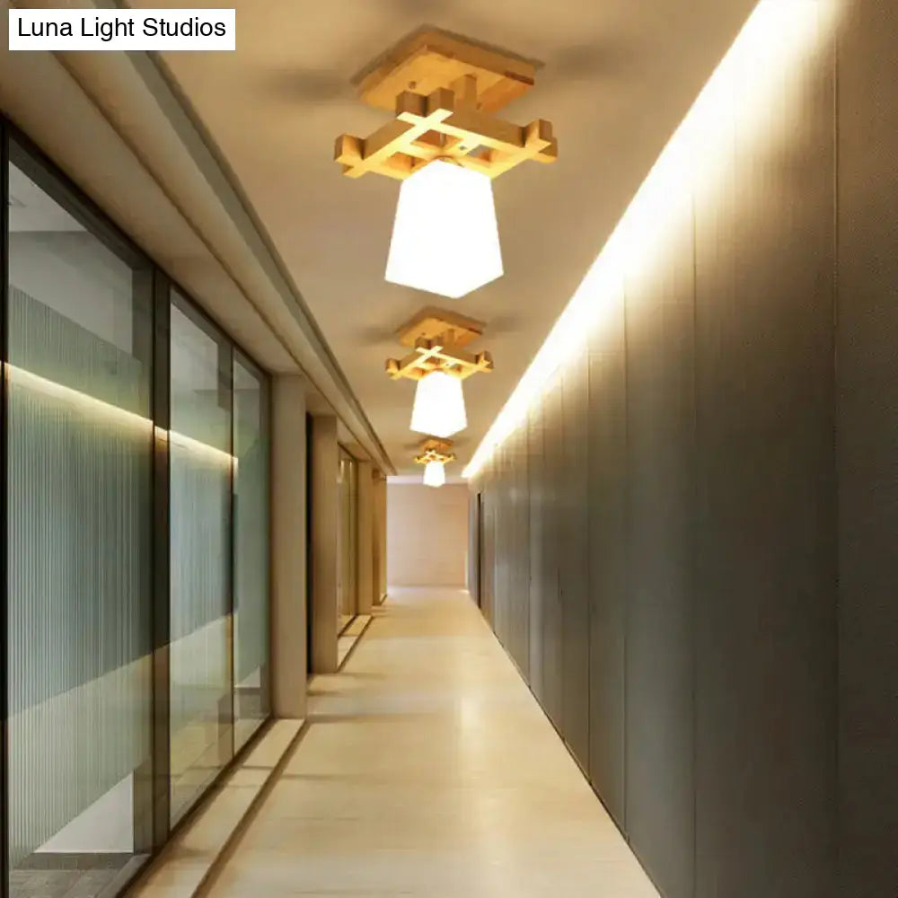 DecorBites™ DecorBites™ Nordic Style Trapezoidal Aisle Ceiling Lamp - Opal Glass 1-Light Semi Flush Mount with Warm/White Light and Wood Top