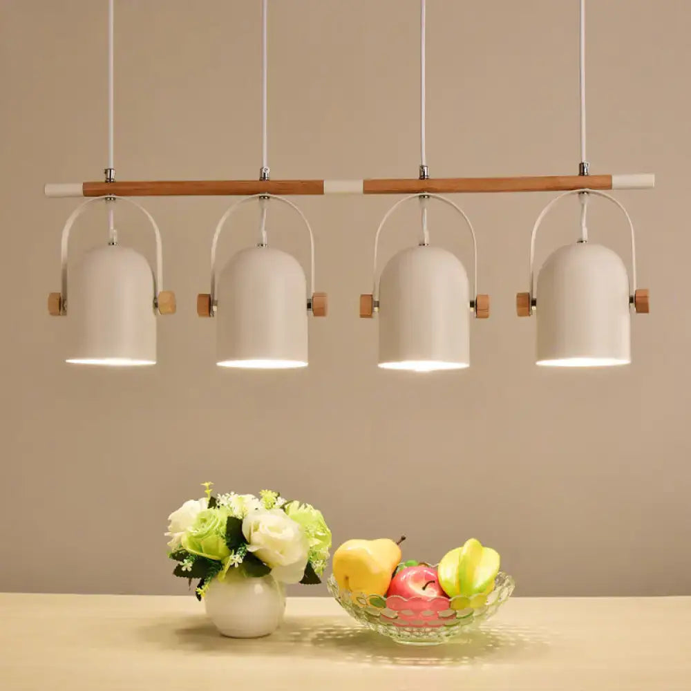Modern white DecorBites™ Nordic style triple metal pendant light with wooden accents and adjustable dome shade above table