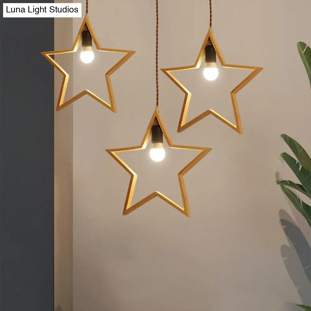 Nordic Style Wooden 3-Light Star Pendant for Restaurants - Multi Hanging Light Fixture