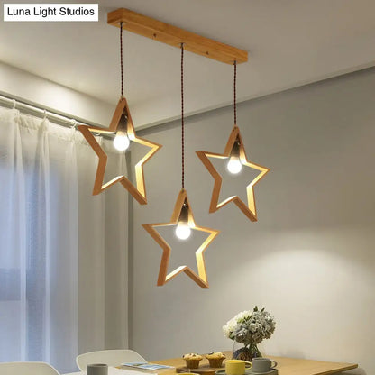 Nordic Style Wooden 3-Light Star Pendant for Restaurants - Multi Hanging Light Fixture