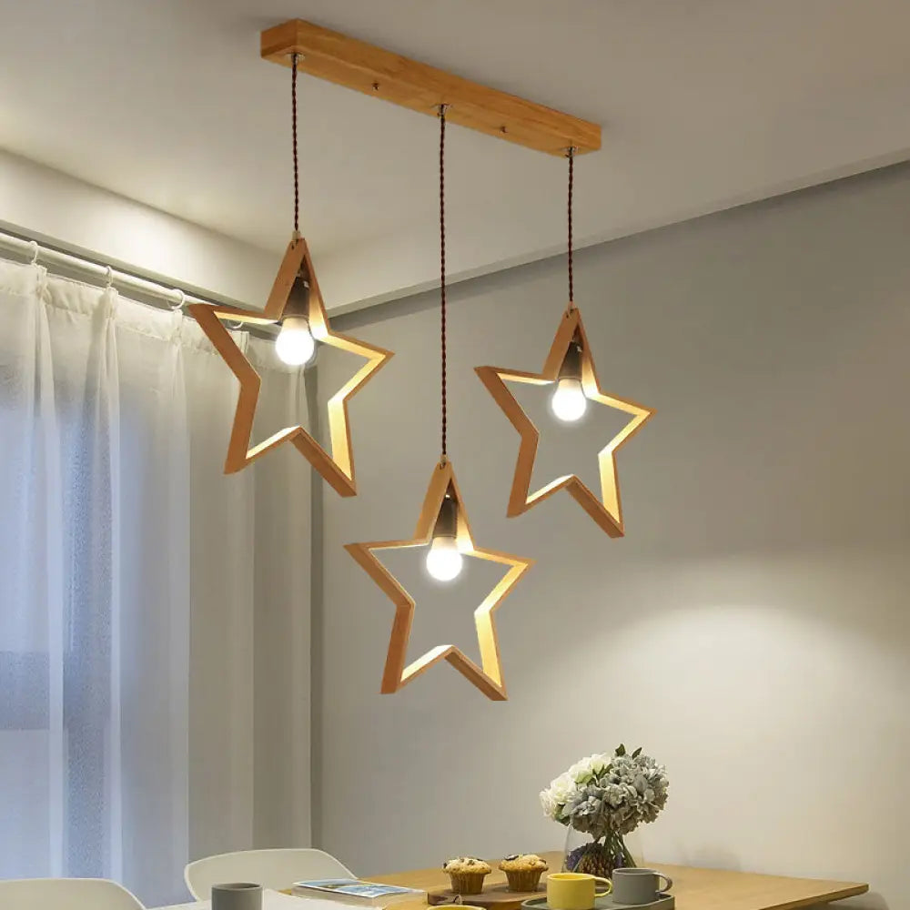 Nordic Style Wooden 3-Light Star Pendant for Restaurants - Multi Hanging Light Fixture