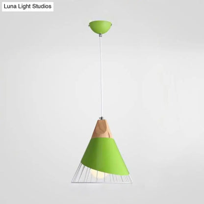 Nordic Stylish Conical Pendant Light in Blue/Green/Yellow - Metal Finish, 1-Light, Bedroom Stairway Hanging Lamp