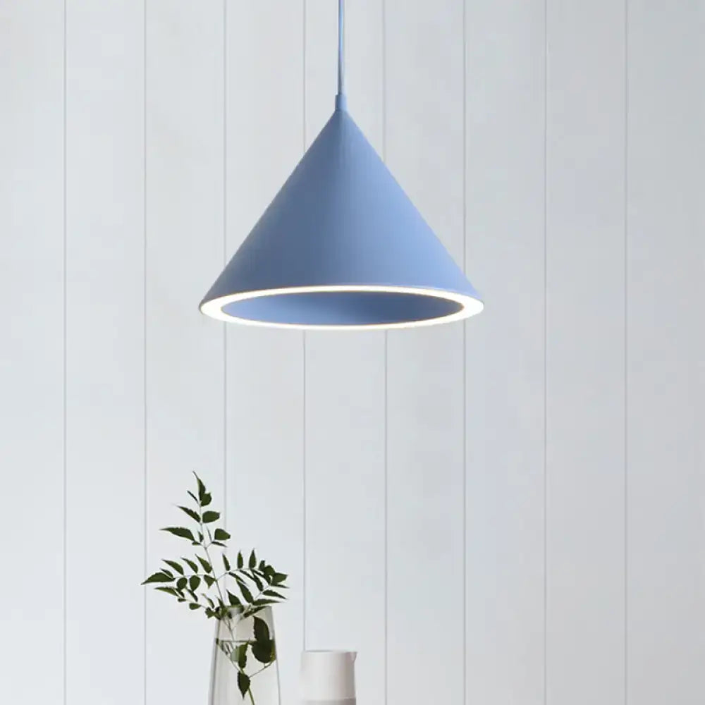 Decorbites™ nordic stylish matte blue metal conical pendant light with glowing white inner rim hanging lamp over table
