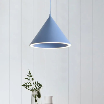 Decorbites™ nordic stylish matte blue metal conical pendant light with glowing white inner rim hanging lamp over table