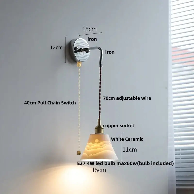 White ceramic led wall light with curved iron arm and adjustable wire for bedroom decorbites ceramic led wall decor