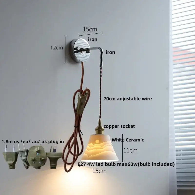 White ceramic pendant wall light with brass socket and 70cm wire featuring decorbites ceramic led bulb for bedroom use