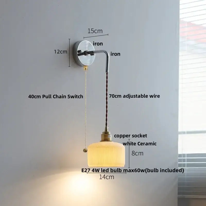 Vintage-style Nordic sunset ceramic led wall light with white ribbed glass shade and iron arm for bedroom decorbites ceramic led wall