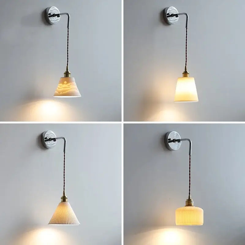 A set of four nordic sunset ceramic led wall lights with chrome brackets and warm textured glass shades for bedroom decorbites ceramic led wall