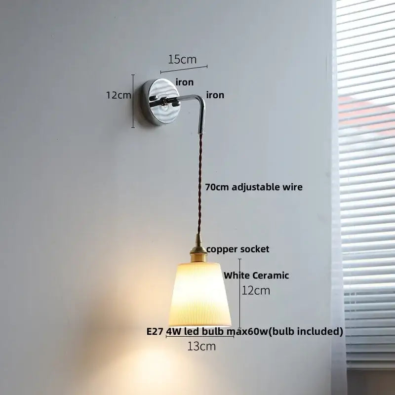 Nordic sunset glass ceramic led wall light with brushed iron base, adjustable copper socket, and white ceramic shade decorbites ceramic led wall light