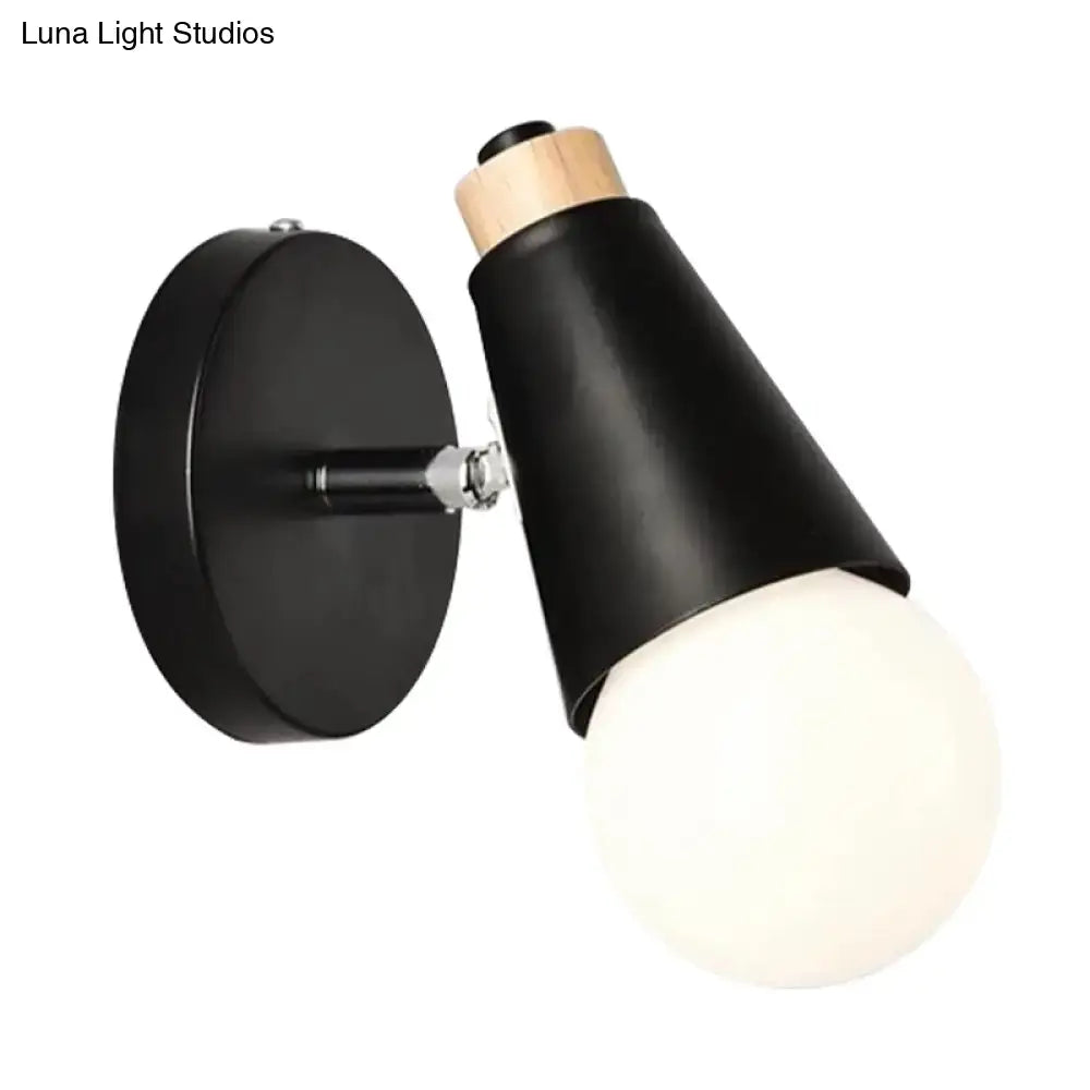 Black nordic sweet cone wall light with matte conical shade, bamboo base, and opaque white bulb for bedroom use