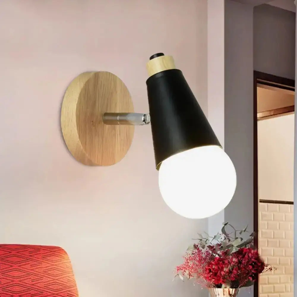 Nordic sweet cone wall light with black conical lamp, bamboo base, metallic arm, and frosted glass bulb for bedroom