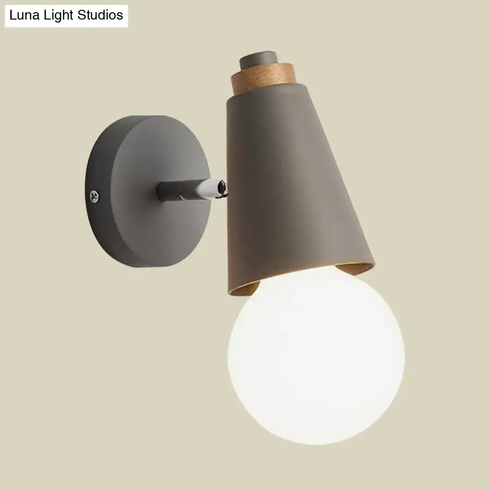 Gray nordic sweet cone wall light with cork accent and frosted glass bulb on bamboo base for bedroom use