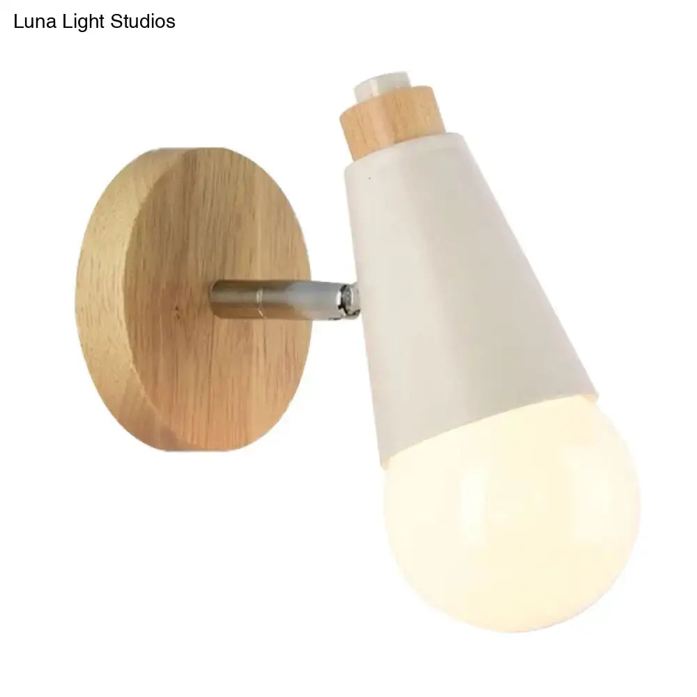 Minimalist nordic sweet cone wall light with natural bamboo backplate and matte white conical shade for bedroom