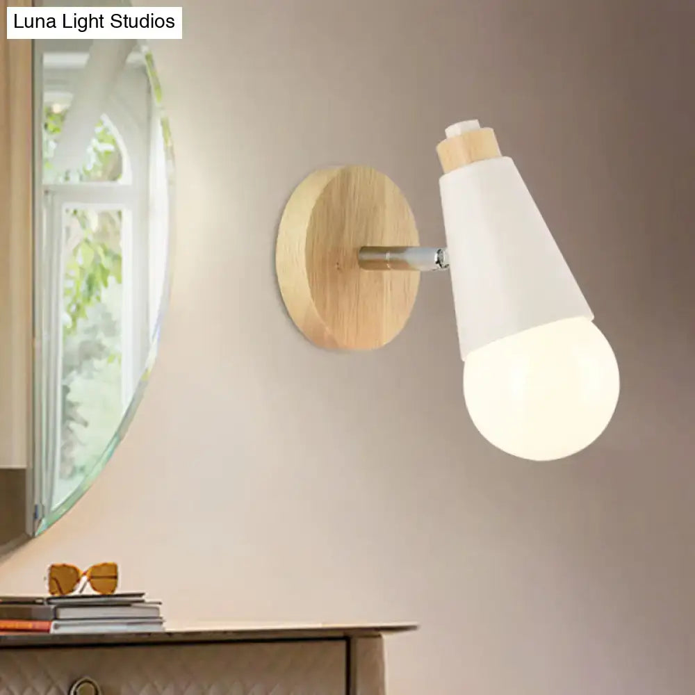 Modern nordic sweet cone wall light with light wood circular bamboo base and white matte conical shade for bedroom