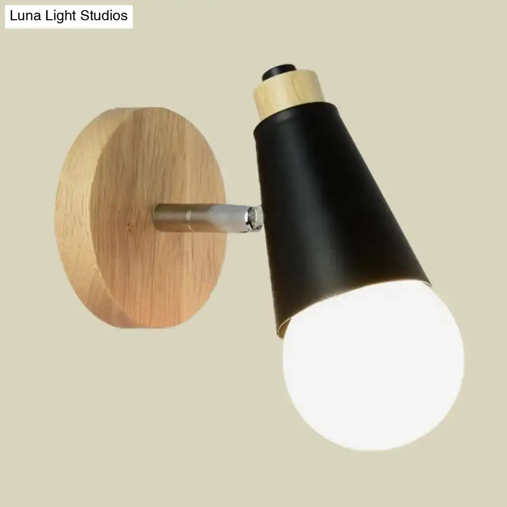 Modern nordic sweet cone wall light with black matte conical shade and bamboo base for bedroom lighting