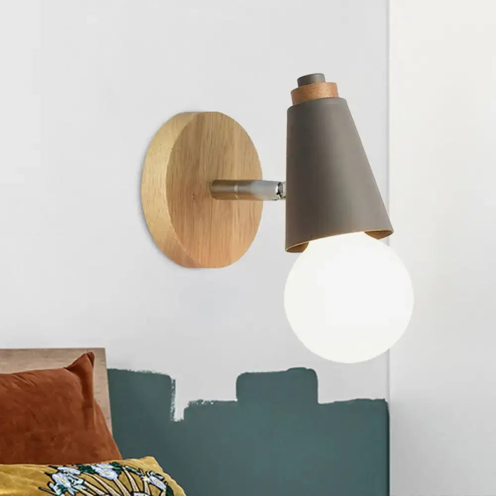 Modern wall light nordic sweet cone with circular wooden backplate gray shade and visible bulb for bedroom use