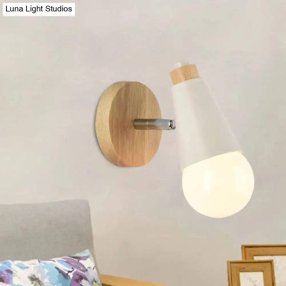 Modern nordic sweet cone wall light with round bamboo base, metallic arm, and white tapered shade for bedroom