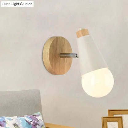 Modern nordic sweet cone wall light with round bamboo base, metallic arm, and white tapered shade for bedroom