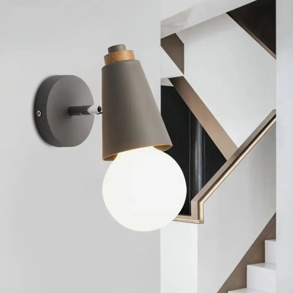 Modern gray nordic sweet cone wall light with matte conical shade wooden bamboo base and frosted glass bulb for bedroom