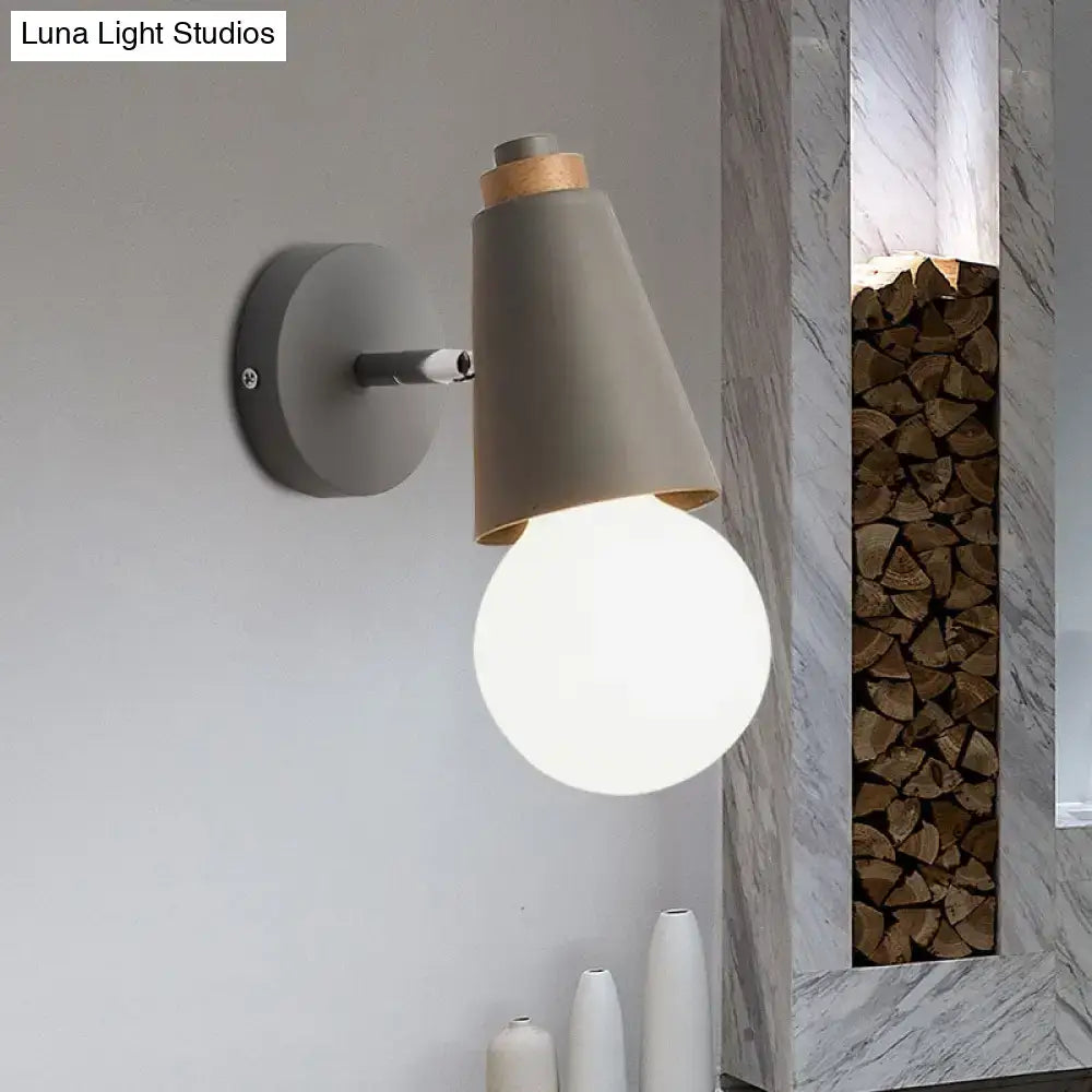 Modern gray nordic sweet cone wall light with matte finish wooden bamboo base and exposed bulb for bedroom use