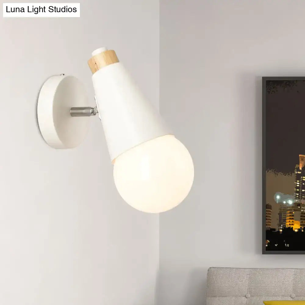 White nordic sweet cone wall light with wooden bamboo base and frosted glass bulb ideal for bedroom lighting